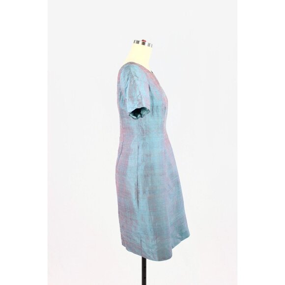 Vintage 60's Unbranded Iridescent Blue Teal Dupioni Silk A-Line Dress, Size S - Picture 2 of 11